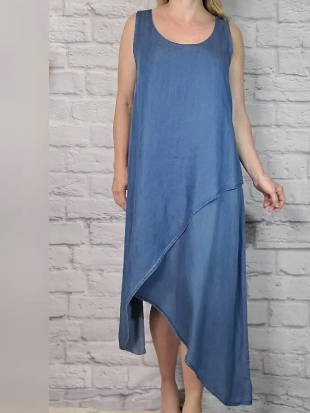 NWT Intro Brand Dillard’s Large Denim-Blue Sleeveless Asymmetrical Maxi Dress